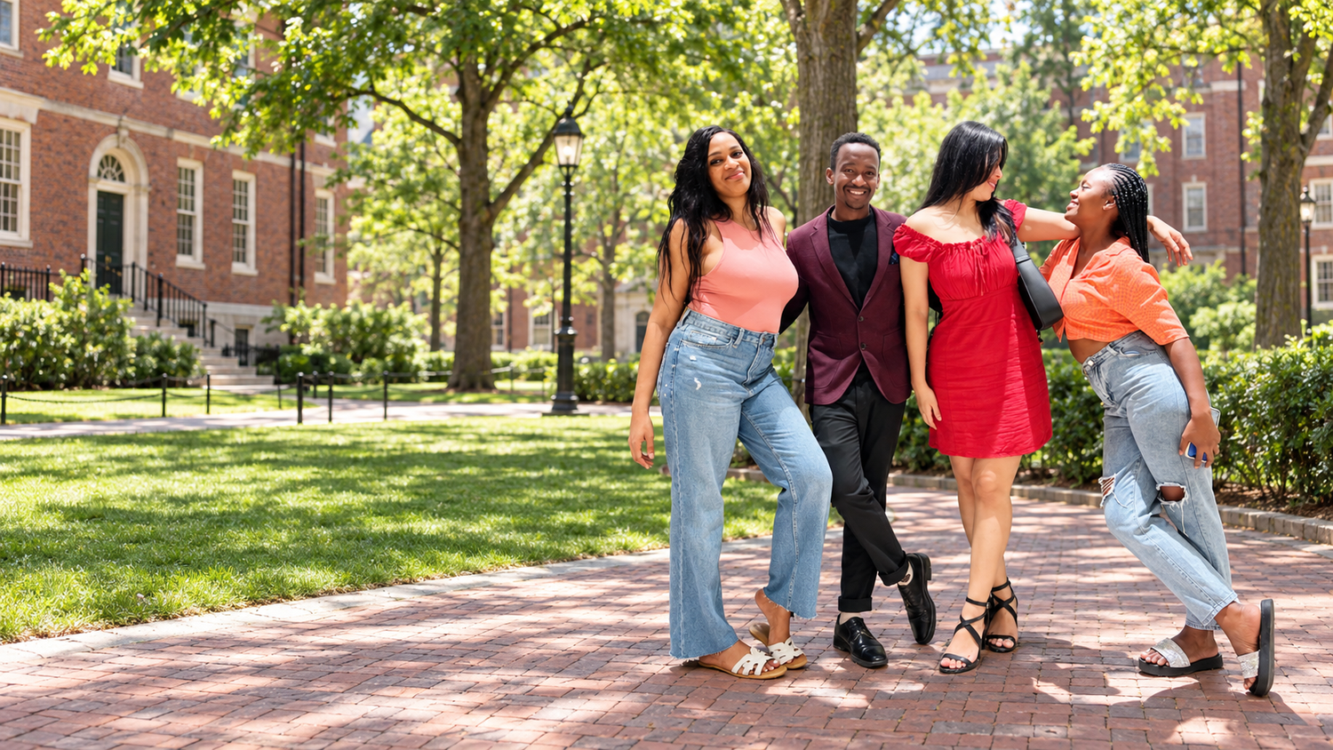 Group portrait with an edited Harvard campus background